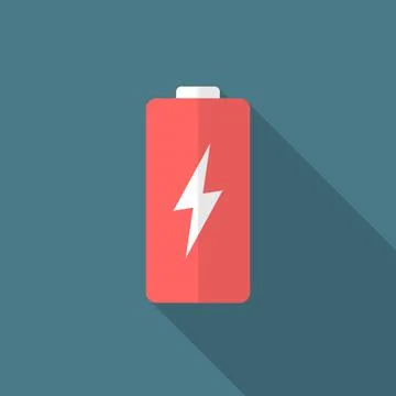 Battery icon with long shadow. Flat design style. Stock Illustration