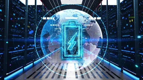 Battery Icon Moving Through Rack Servers in Data Center. Stock Footage 219074552