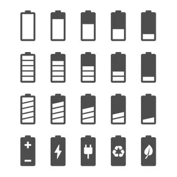 Battery icon set with charge level indicators Stock Illustration