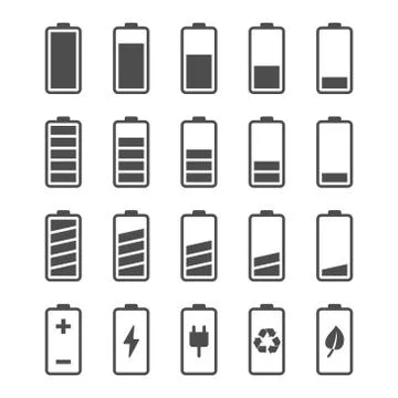 Battery icon set with charge level indicators Stock Illustration