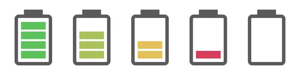 Battery icon set by charge level. Vector. Illustrazione stock