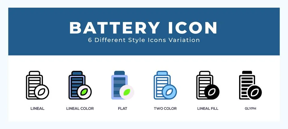 Battery icon set with different styles. Design elements for logo. Vector il.. Illustrazione stock