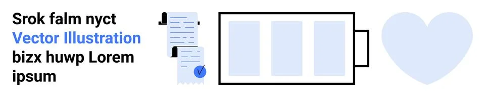 Battery icon, stack of documents with a checkmark, large heart symbol. Ideal  Stock Illustration