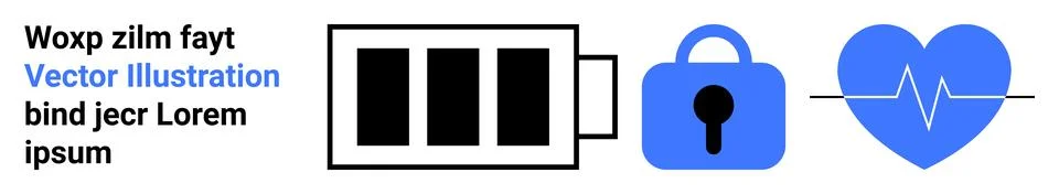 Battery icon with three black bars, blue lock symbol, and blue heart with whi Stock Illustration
