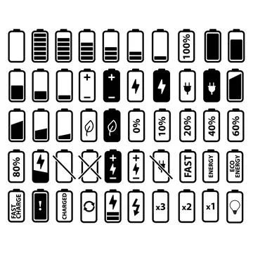 Battery icons set on white background. battery charge indicator sign. Illustrazione stock