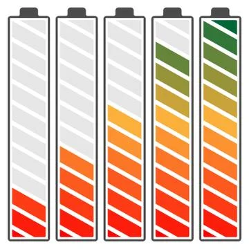 Battery level indicators from low to high with spectrum gradient Illustrazione stock