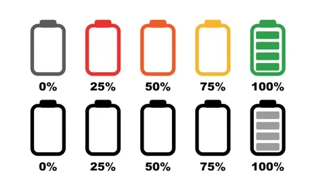 Battery level indicators showing percentage charge from zero to full capacit Stock Footage 333705651