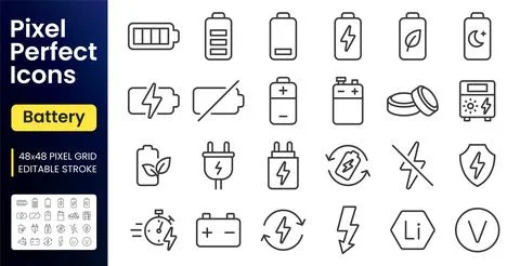 Battery line icon set. Charging, power level, fast charge, car accumulator Stock Illustration
