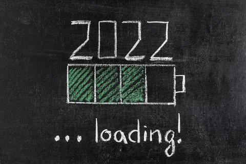Battery loading indicator showing 2022 loading drawn on chalkboard Stock Photos