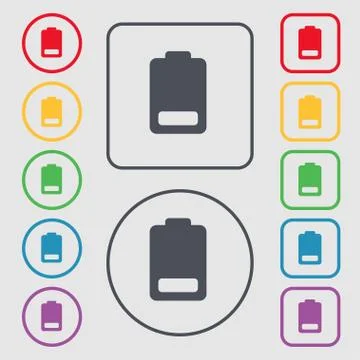 Battery low level, Electricity icon sign. symbol on the Round and square butt Stock Illustration