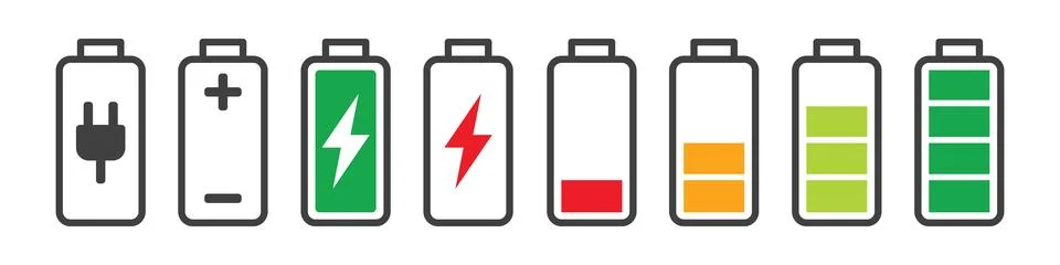 Battery low level icon one bar charge energy power indicator isolated Illustrazione stock