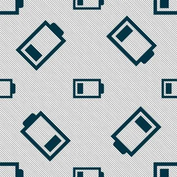 Battery low level sign icon. Electricity symbol. Seamless pattern with geomet Illustrazione stock