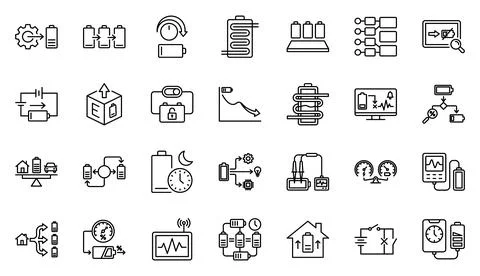 Battery Management System Energy Storage Line Icon Set Vector Stock Illustration