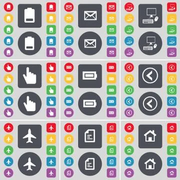 Battery, Message, PC, Hand, Arrow left, Airplane, Text file, House icon symbol. Stock Illustration