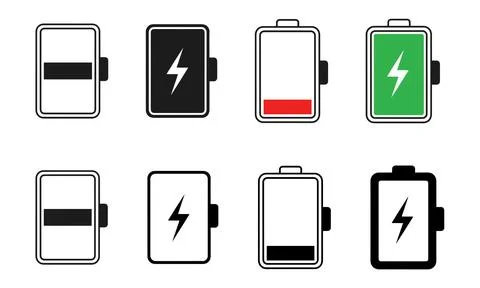 Battery power level indicators showing charge status in black and white Stock Illustration