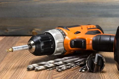 Battery powered drill and drill bits Stock Photos