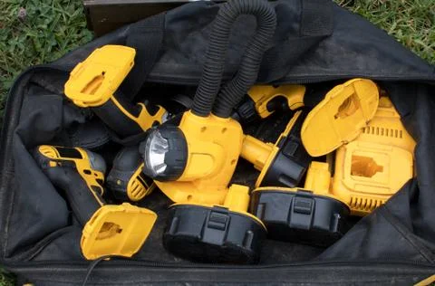 Battery powered hand tool set in a bag Stock Photos