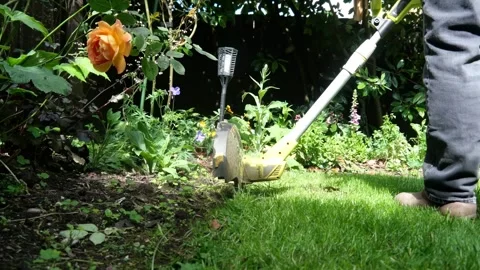 Battery powered weed whacker being used to create a straight edge lawn edge.. Stock Footage 276281801