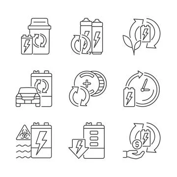 Battery processing linear icons set Stock Illustration