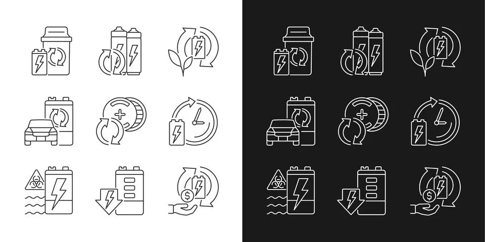 Battery processing linear icons set for dark and light mode Stock Illustration