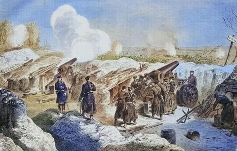 Battery of Prussian mortars in front of Fort Double Couronne illustrated war Ilustración de archivo