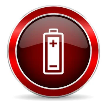 Battery red circle glossy web icon, round button with metallic border Stock Illustration