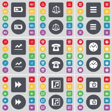 Battery, Scales, Apps, Graph, Retro phone, Clock, Rewind, Music window, Camera i Stock Illustration