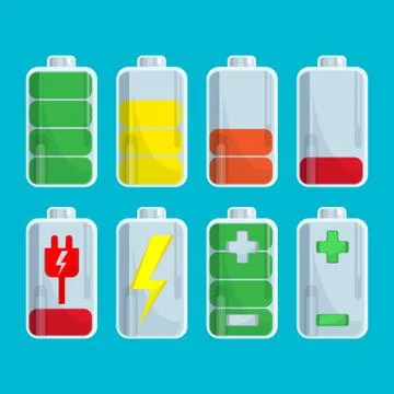 Battery set with steps of charge isolated on blue Stock Illustration