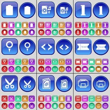 Battery, Speaker, One, Checkpoint, Code, Ticket, Scissors, Folder, Printer. A la Stock Illustration