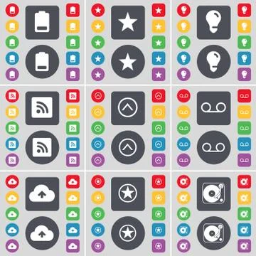 Battery, Star, Light bulb, RSS, Arrow up, Cassette, Cloud, Star, Gramophone icon 스톡 일러스트