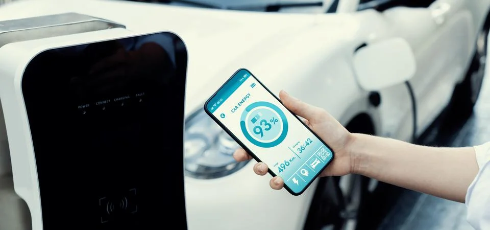 Battery status interface on smartphone for progressive future refueling concept. Stock Photos