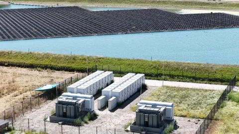 Battery storage and floating solar park in Bemmel Stock Footage 342792661