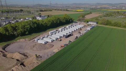 Battery Storage Substation Kettig, Construction. Aerial drone shot, approach Stock Footage 341696466