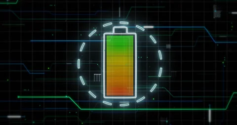 Battery symbol charged against technical computer background Stock-Footage 132357174