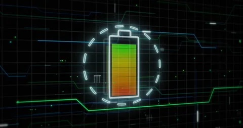 Battery symbol charged against technical computer background - Fly by Stock-Footage 132360212