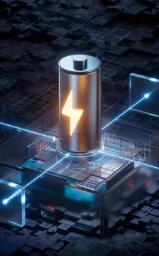 Battery with technological circuit background, 3d rendering. Stock Illustration
