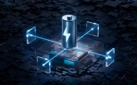 Battery with technological circuit background, 3d rendering. Stock Illustration