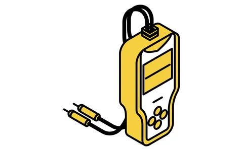 Battery tester simple isometric line icon with cables and display Stock Illustration