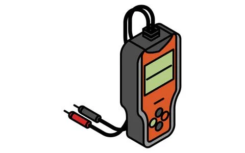 Battery tester simple isometric line icon with cables and display Stock Illustration