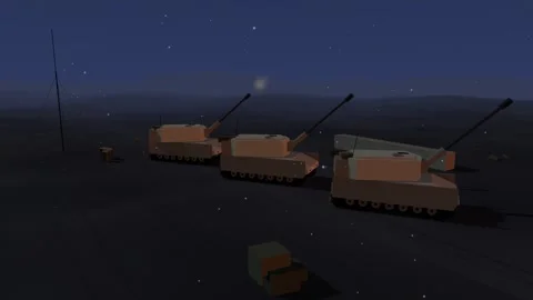 Battery of three self-propelled howitzers firing a staggered salvo at twilight Stock Footage 341045761