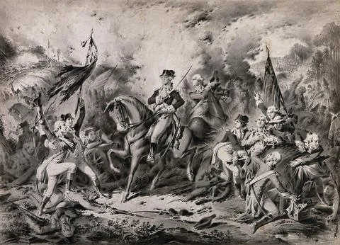 A battle between British forces and the Continental American army: a man on.. Stock Illustration