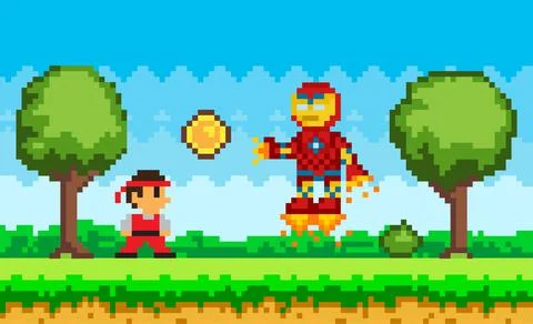 Battle between guy and flying bot. Robot in jet boots attacks cartoon character Stock Illustration