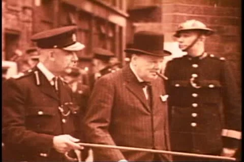Battle of Britain, Churchill inspects damage, black and white archival Stock Footage