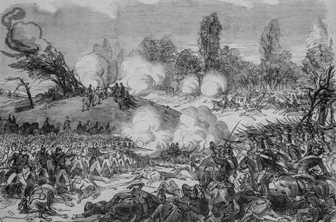 Battle of Courcelles, the Prussian cavalry overturned by the troops of the Ma Stock Illustration