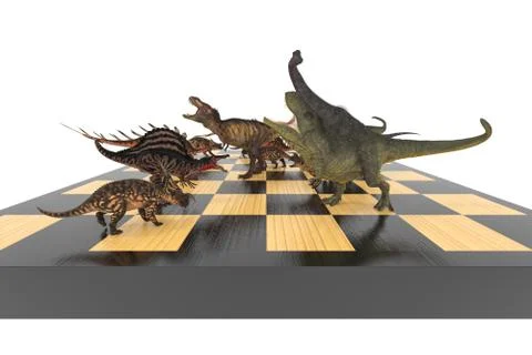 Battle of different dinosaurs on a chessboard Stock Illustration