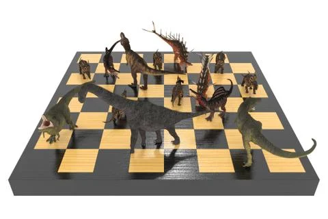 Battle of different dinosaurs on a chessboard Stock Illustration