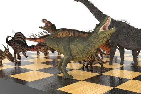 Battle of different dinosaurs on a chessboard Stock Illustration