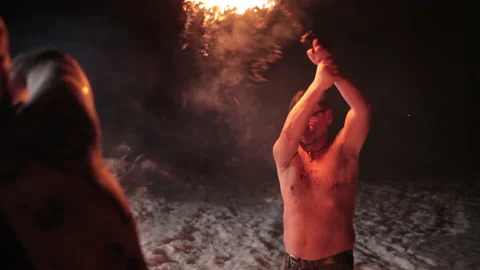 Battle evil aggressive viking warrior in northern tattoos burning fire swords 動画素材 153754626