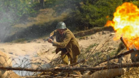 Battle field in action, slow motion Stock Footage 86463228