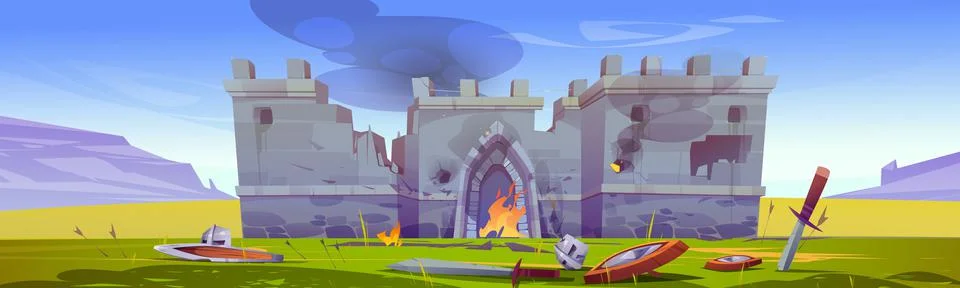 Battle field with old medieval castle in fire Stock Illustration